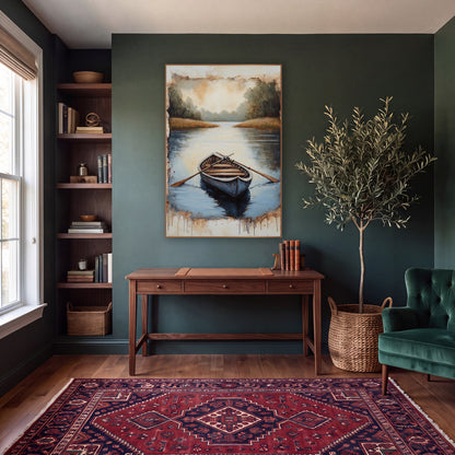 Still Water Rowboat Dark Academia wall art in a moody dark academia room – wooden rowboat with crossed oars on calm