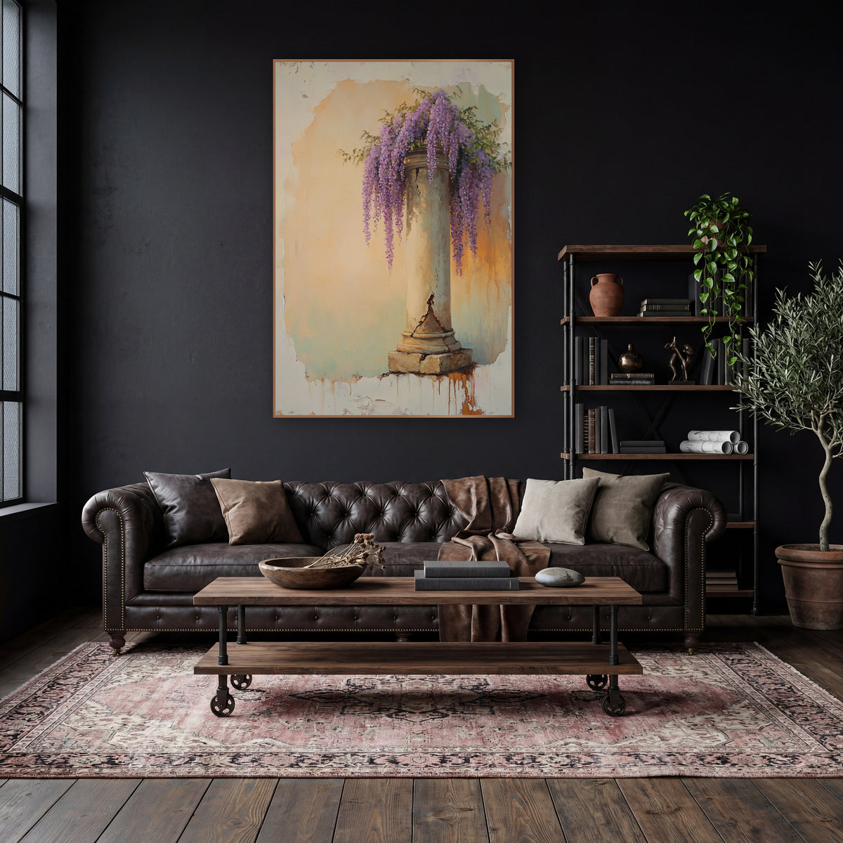 Tall Wisteria Column Peach Vintage wall art in a moody dark academia room – purple wisteria clusters hanging