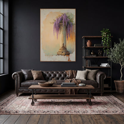 Tall Wisteria Column Peach Vintage wall art in a moody dark academia room – purple wisteria clusters hanging