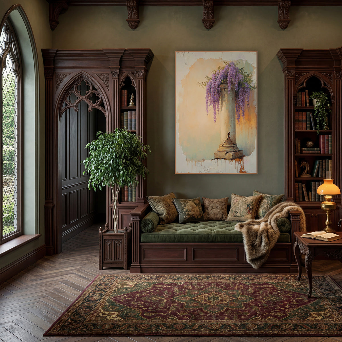 Tall Wisteria Column Peach Vintage wall art in a moody dark academia room – purple wisteria clusters hanging