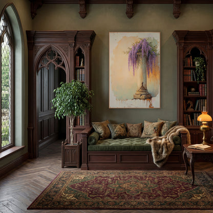 Tall Wisteria Column Peach Vintage wall art in a moody dark academia room – purple wisteria clusters hanging