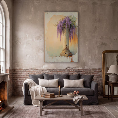 Tall Wisteria Column Peach Vintage wall art in a moody dark academia room – purple wisteria clusters hanging