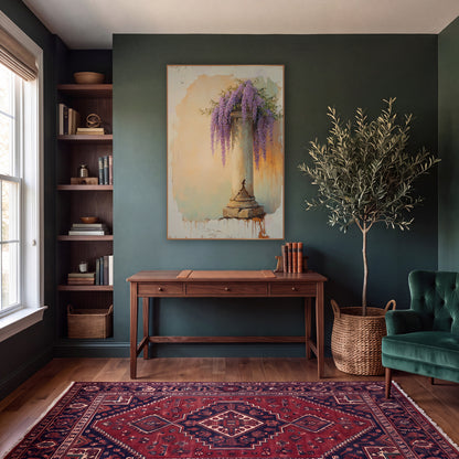 Tall Wisteria Column Peach Vintage wall art in a moody dark academia room – purple wisteria clusters hanging