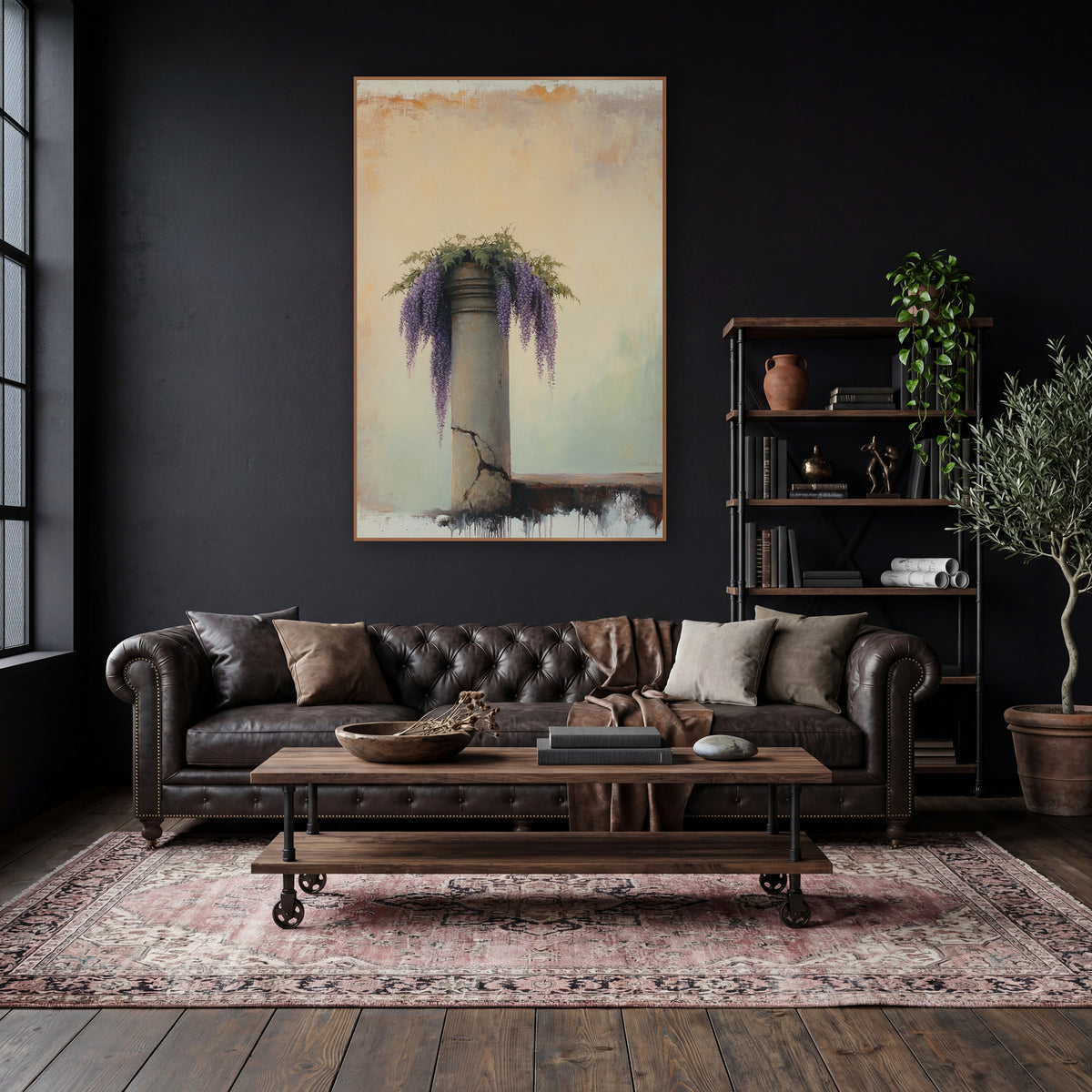 Short Wisteria Pillar Ivory Classic wall art in a moody dark academia room – purple wisteria blooms and green leaves