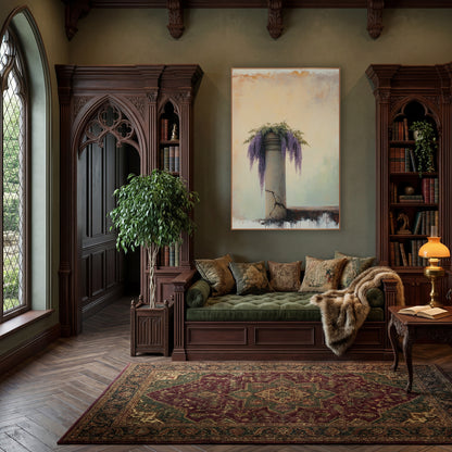 Short Wisteria Pillar Ivory Classic wall art in a moody dark academia room – purple wisteria blooms and green leaves