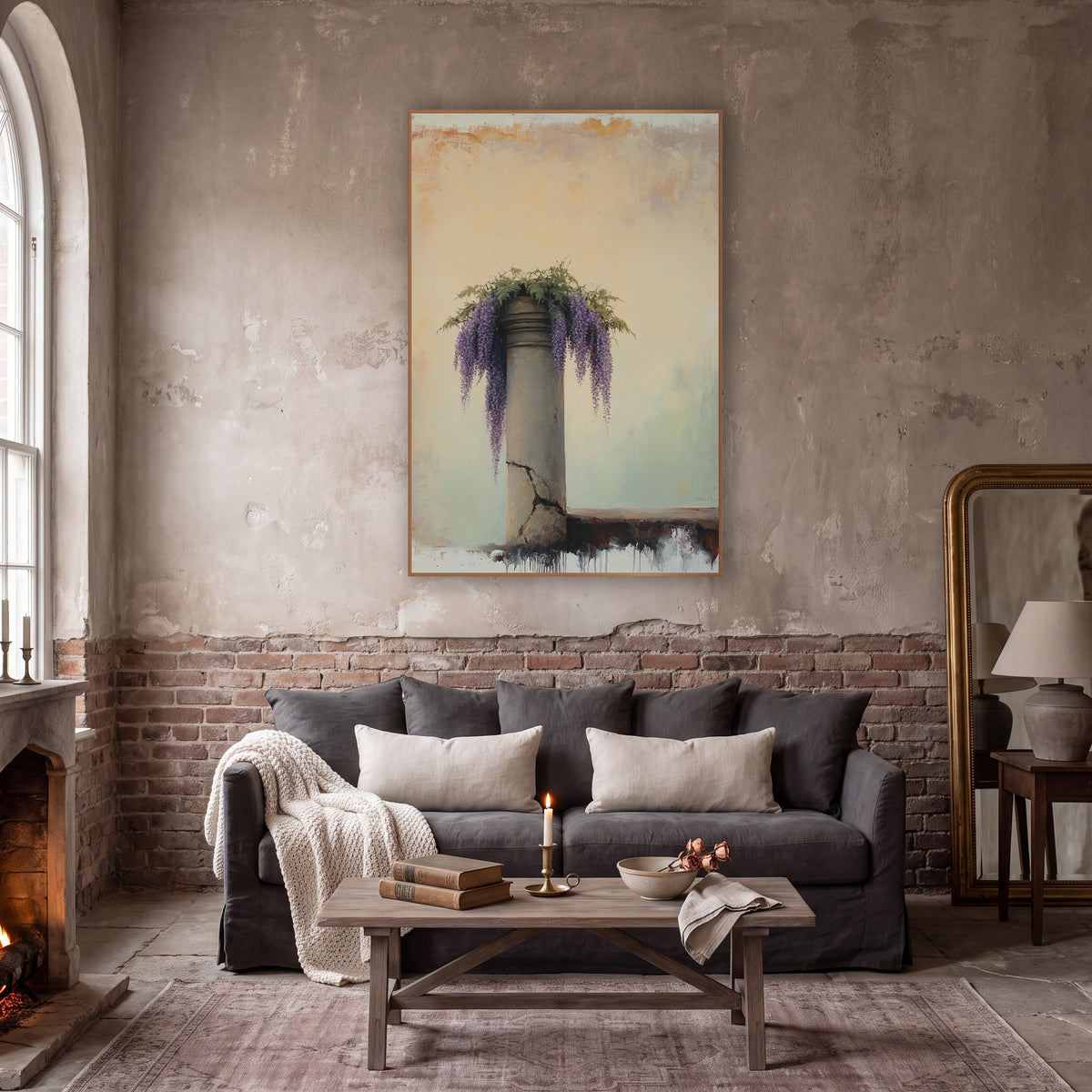 Short Wisteria Pillar Ivory Classic wall art in a moody dark academia room – purple wisteria blooms and green leaves