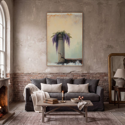 Short Wisteria Pillar Ivory Classic wall art in a moody dark academia room – purple wisteria blooms and green leaves