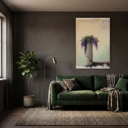 Short Wisteria Pillar Ivory Classic wall art in a moody dark academia room – purple wisteria blooms and green leaves