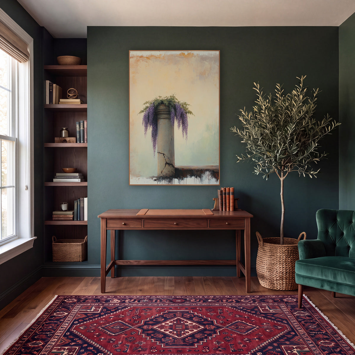 Short Wisteria Pillar Ivory Classic wall art in a moody dark academia room – purple wisteria blooms and green leaves
