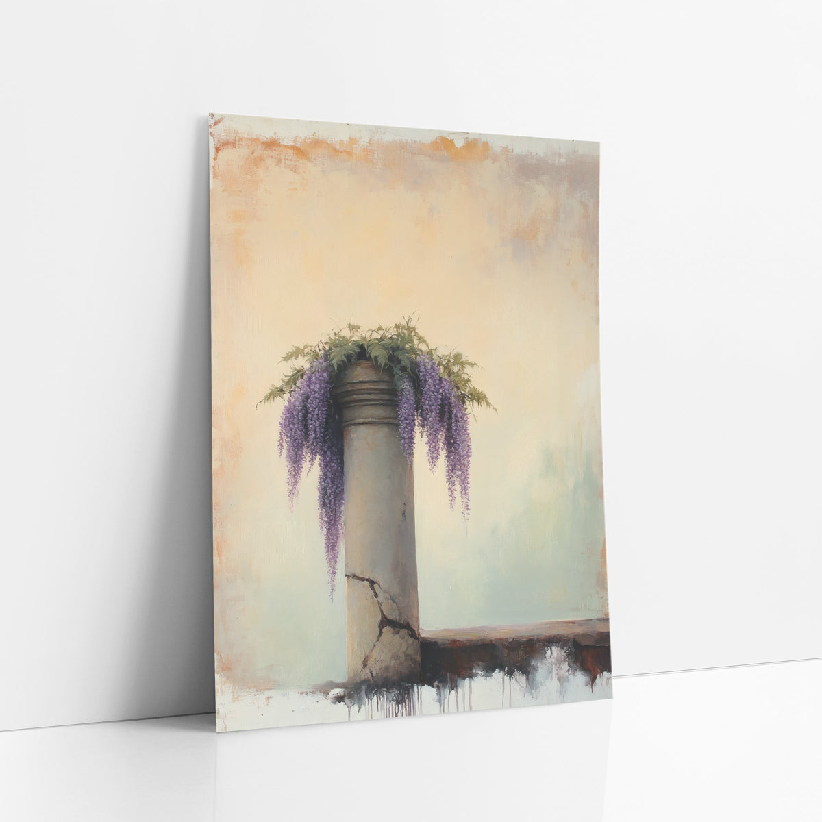 Short Wisteria Pillar Ivory Classic art print leaning against a white wall – purple wisteria blooms and green leaves spilling