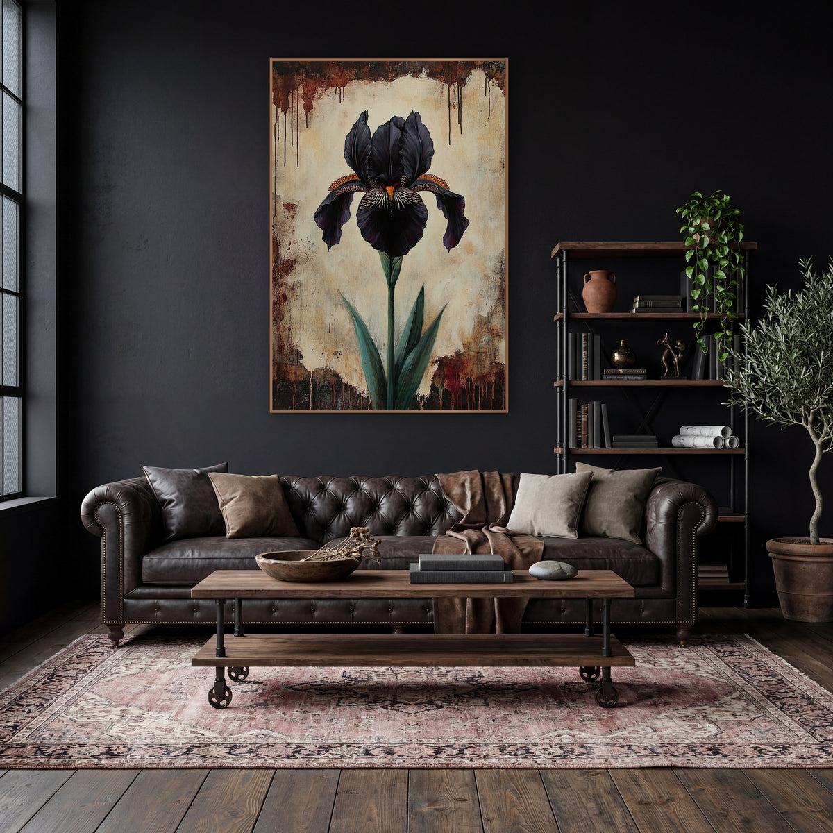 Parchment Iris Dripping Edge Gothic wall art in a moody dark academia room – single black iris with orange beard