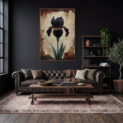 Parchment Iris Dripping Edge Gothic wall art in a moody dark academia room – single black iris with orange beard