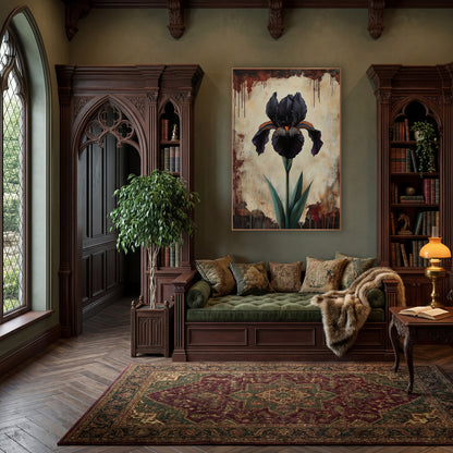 Parchment Iris Dripping Edge Gothic wall art in a moody dark academia room – single black iris with orange beard
