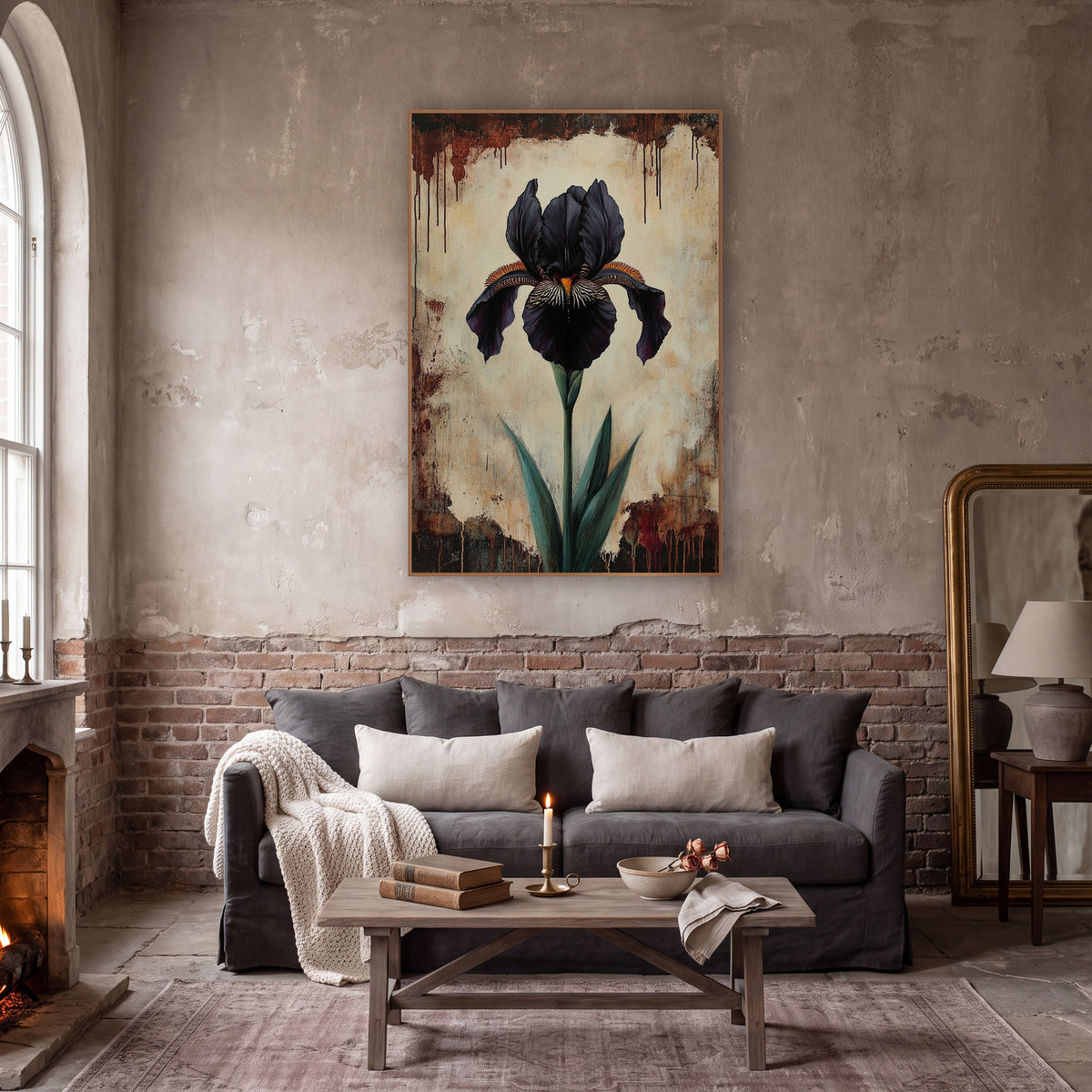 Parchment Iris Dripping Edge Gothic wall art in a moody dark academia room – single black iris with orange beard