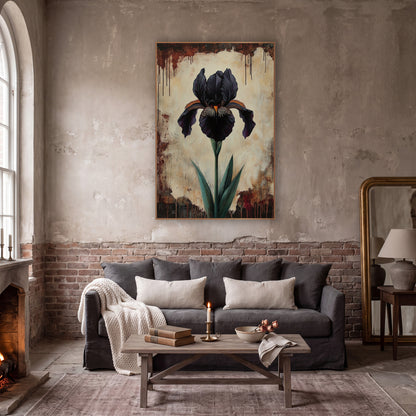Parchment Iris Dripping Edge Gothic wall art in a moody dark academia room – single black iris with orange beard