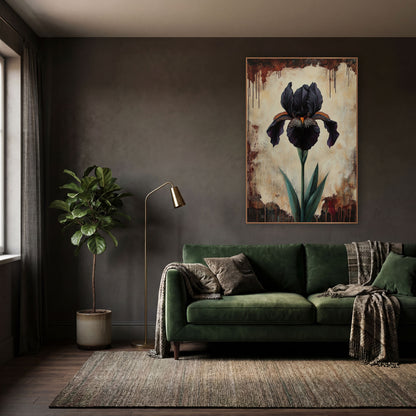 Parchment Iris Dripping Edge Gothic wall art in a moody dark academia room – single black iris with orange beard