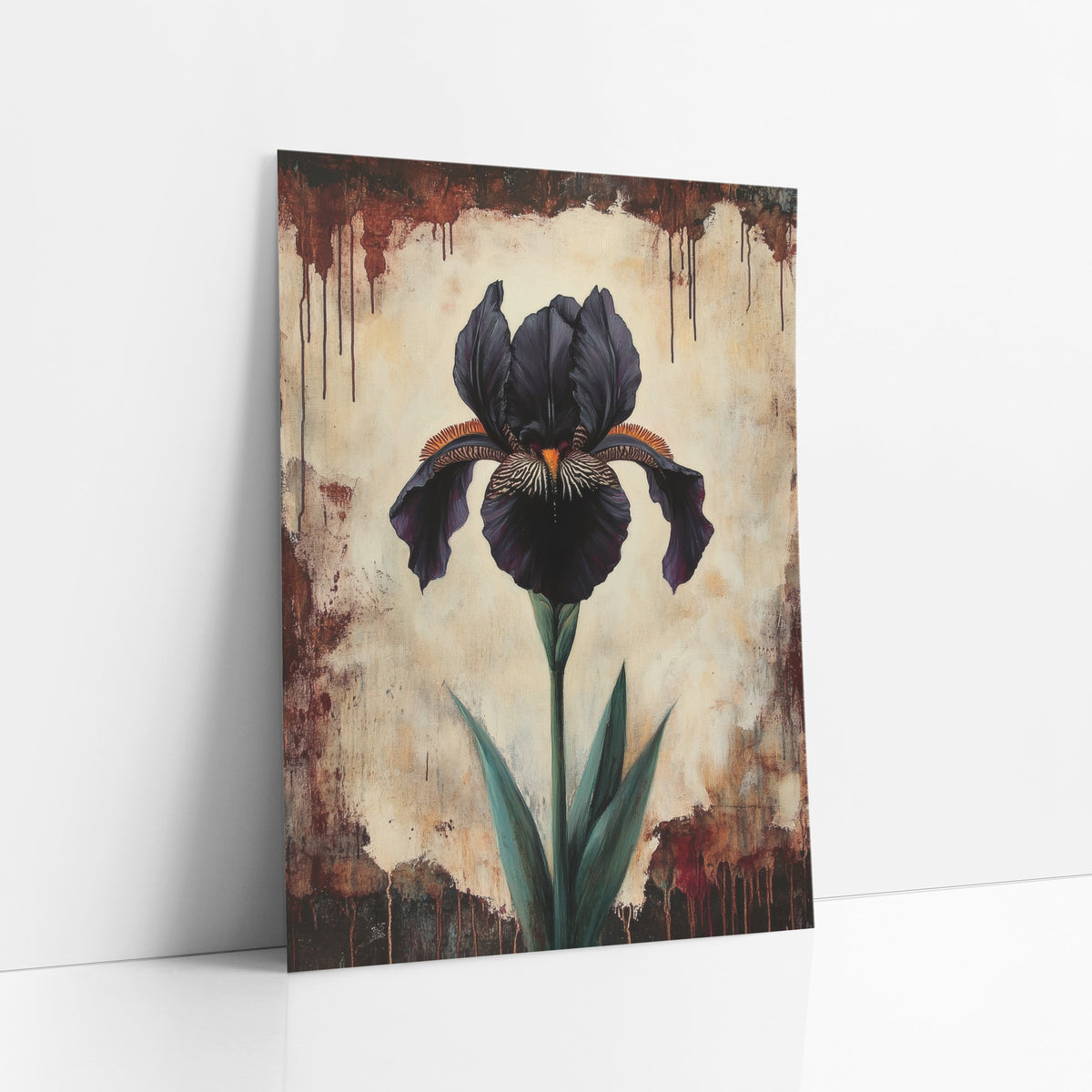 Parchment Iris Dripping Edge Gothic art print leaning against a white wall – single black iris with orange beard and green