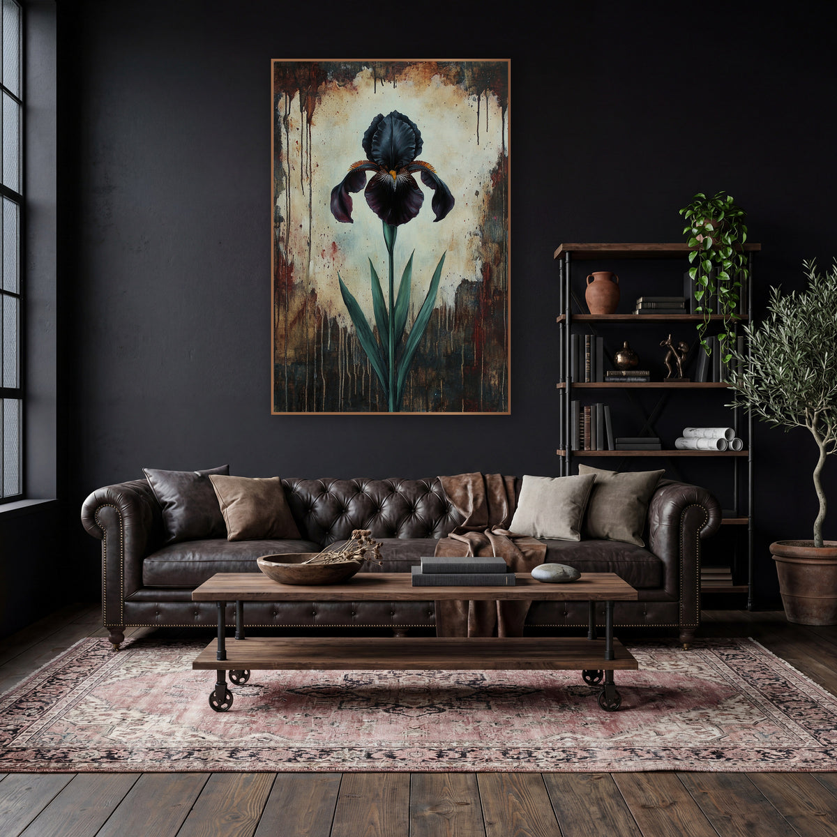 Tall Slender Iris Glow Moody wall art in a moody dark academia room – single black iris with green leaves on a cream