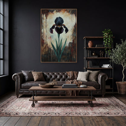 Tall Slender Iris Glow Moody wall art in a moody dark academia room – single black iris with green leaves on a cream