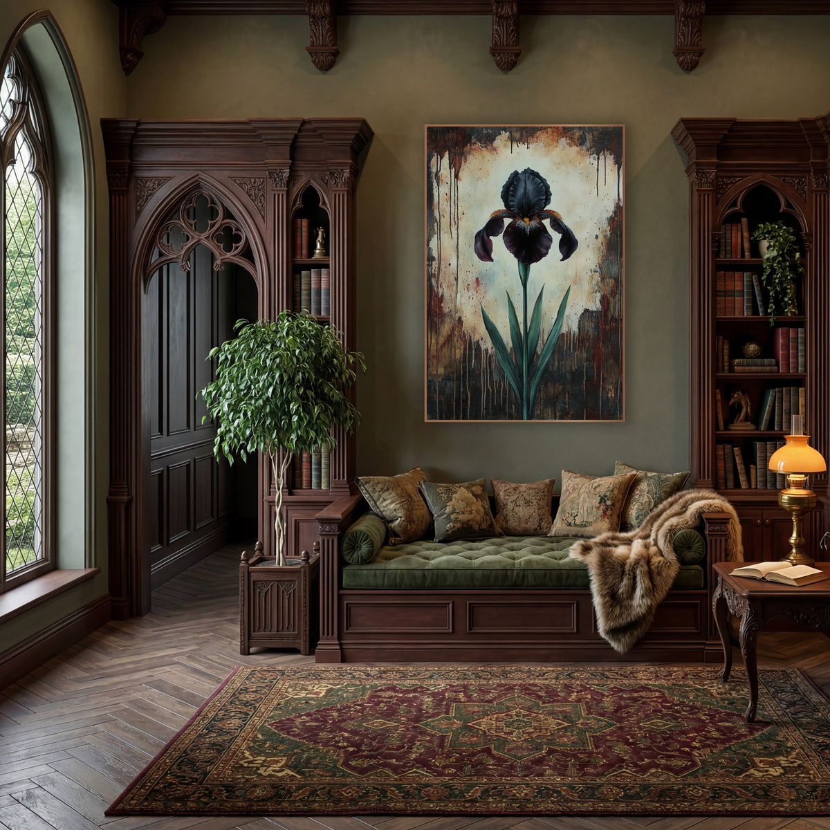 Tall Slender Iris Glow Moody wall art in a moody dark academia room – single black iris with green leaves on a cream