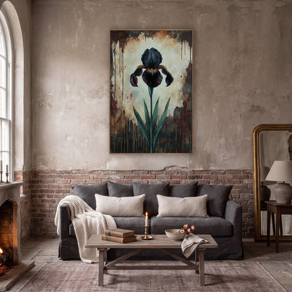 Tall Slender Iris Glow Moody wall art in a moody dark academia room – single black iris with green leaves on a cream