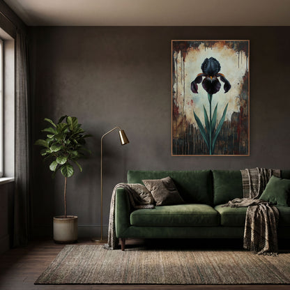 Tall Slender Iris Glow Moody wall art in a moody dark academia room – single black iris with green leaves on a cream