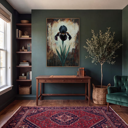 Tall Slender Iris Glow Moody wall art in a moody dark academia room – single black iris with green leaves on a cream