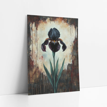 Tall Slender Iris Glow Moody art print leaning against a white wall – single black iris with green leaves on a cream