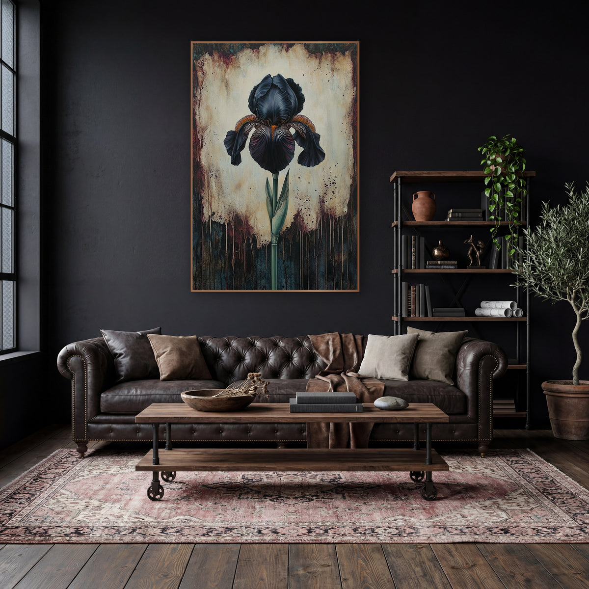 Ruffled Iris Budded Stem Gothic wall art in a moody dark academia room – black iris with orange beard and green stem
