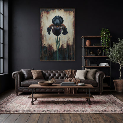Ruffled Iris Budded Stem Gothic wall art in a moody dark academia room – black iris with orange beard and green stem