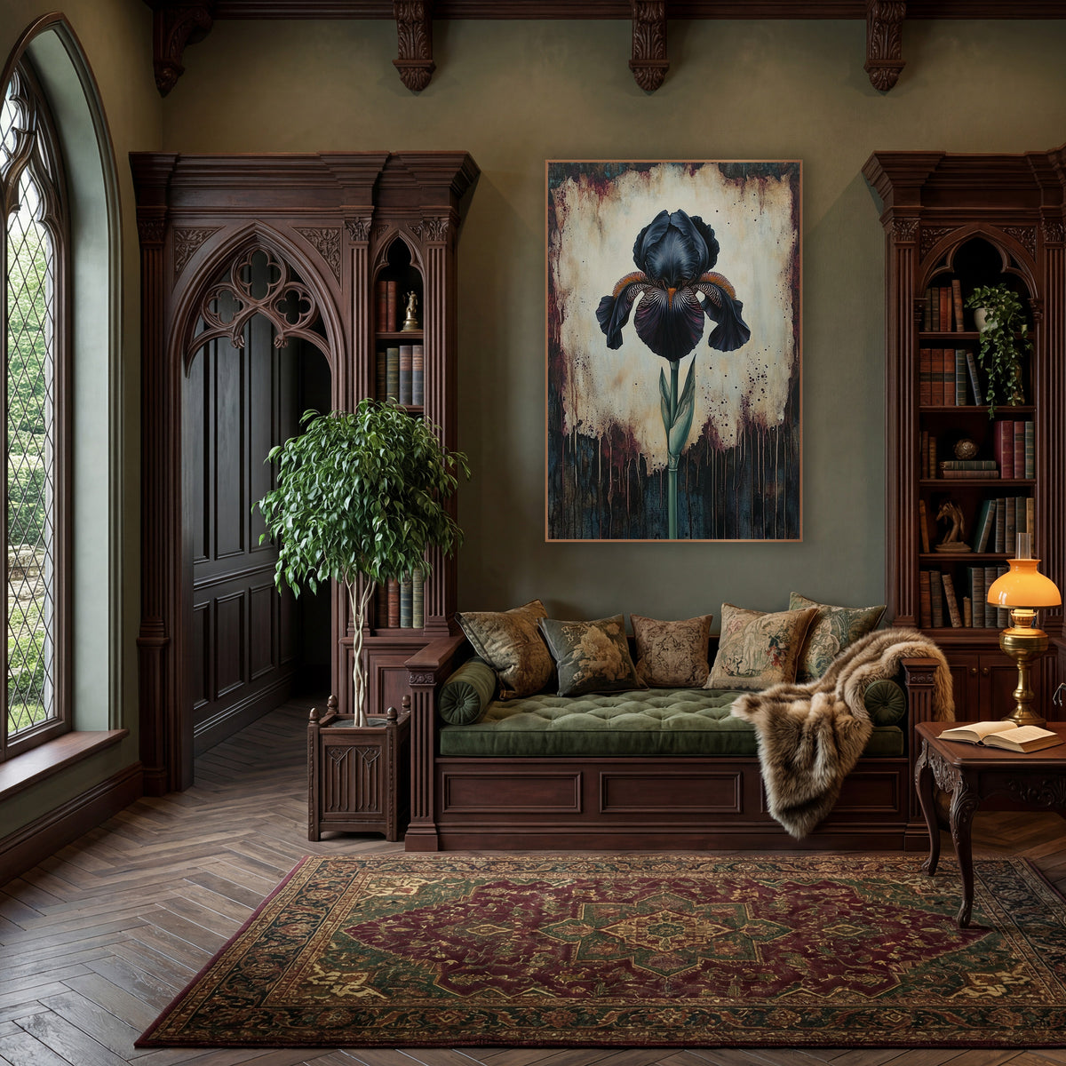 Ruffled Iris Budded Stem Gothic wall art in a moody dark academia room – black iris with orange beard and green stem