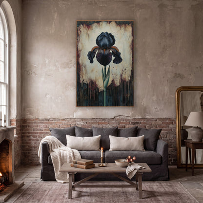 Ruffled Iris Budded Stem Gothic wall art in a moody dark academia room – black iris with orange beard and green stem