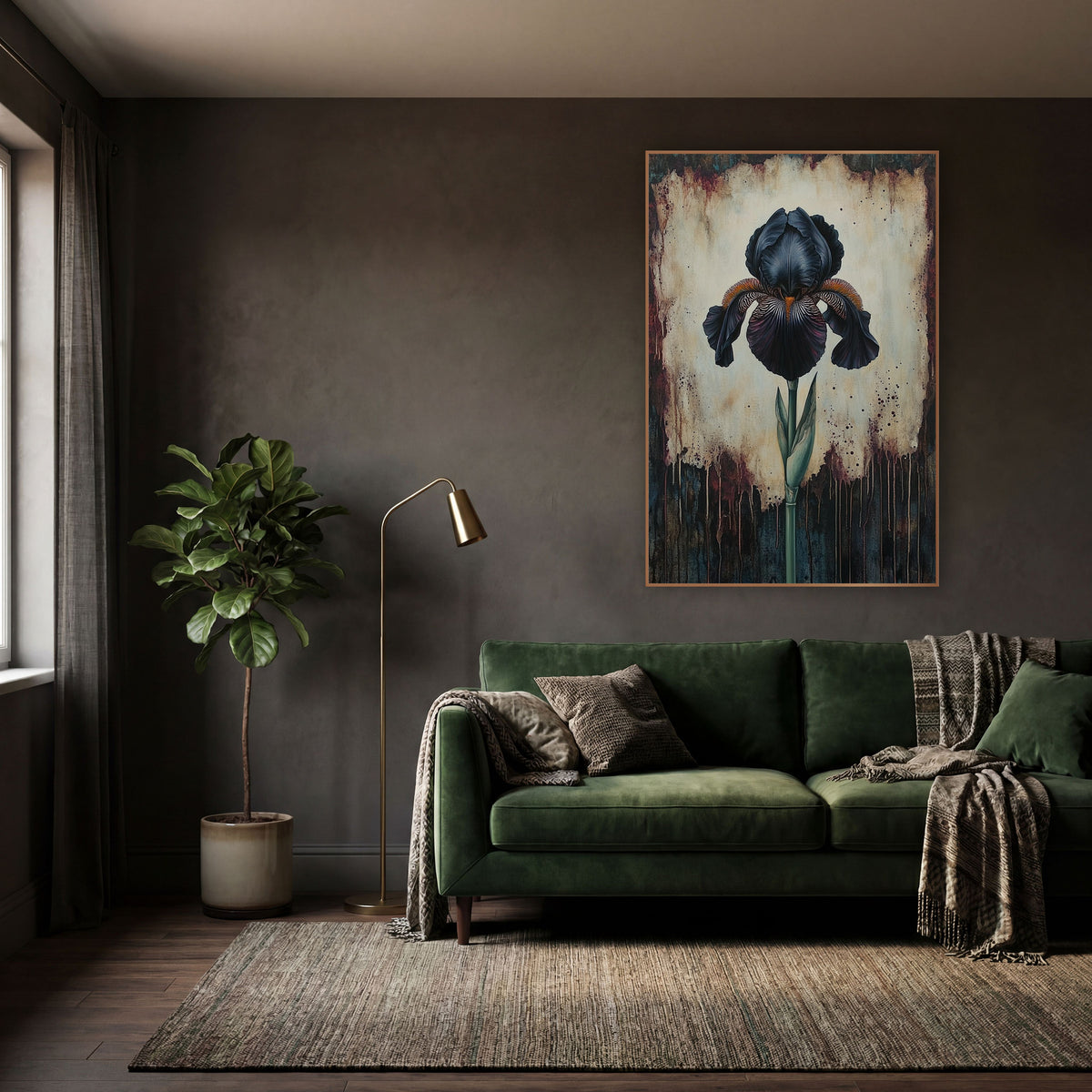 Ruffled Iris Budded Stem Gothic wall art in a moody dark academia room – black iris with orange beard and green stem
