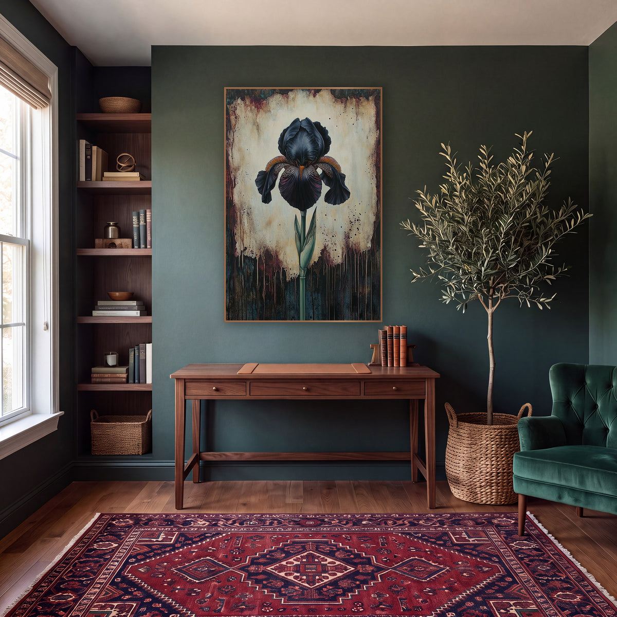 Ruffled Iris Budded Stem Gothic wall art in a moody dark academia room – black iris with orange beard and green stem