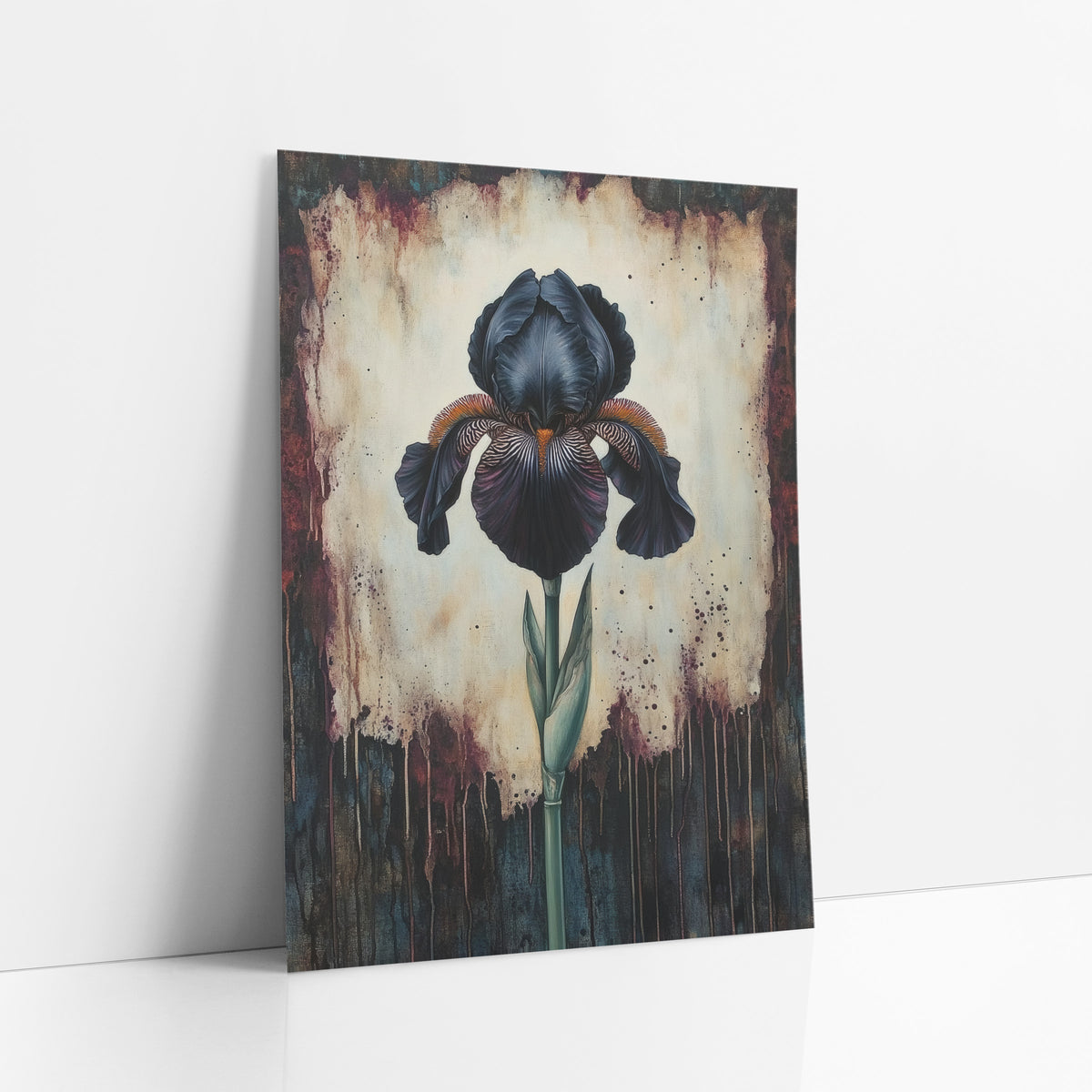 Ruffled Iris Budded Stem Gothic art print leaning against a white wall – black iris with orange beard and green stem