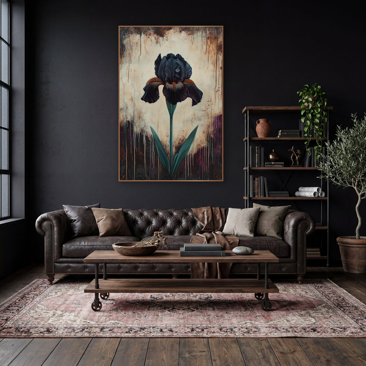 Plum Drip Iris Aubergine Moody wall art in a moody dark academia room – single black iris with orange-striped petals