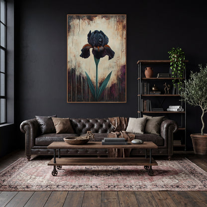 Plum Drip Iris Aubergine Moody wall art in a moody dark academia room – single black iris with orange-striped petals