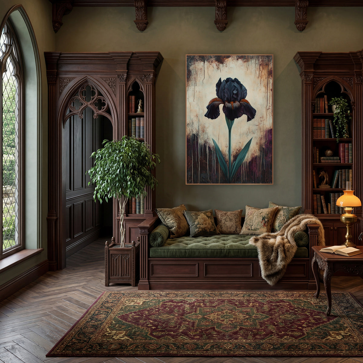 Plum Drip Iris Aubergine Moody wall art in a moody dark academia room – single black iris with orange-striped petals
