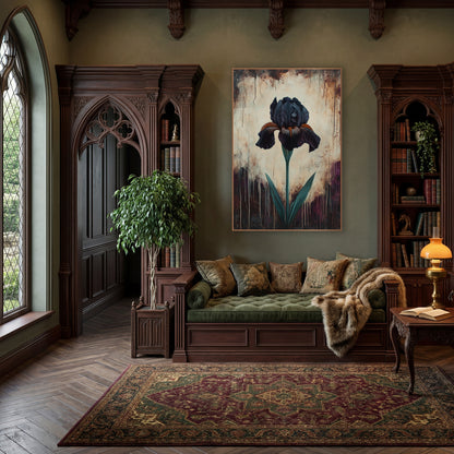 Plum Drip Iris Aubergine Moody wall art in a moody dark academia room – single black iris with orange-striped petals