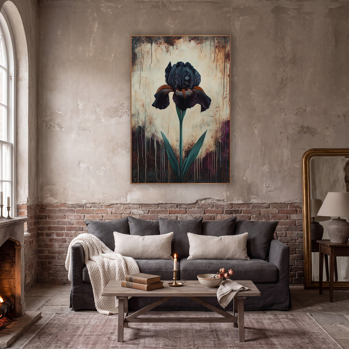 Plum Drip Iris Aubergine Moody wall art in a moody dark academia room – single black iris with orange-striped petals