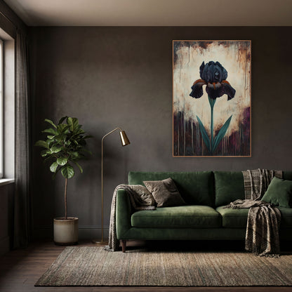 Plum Drip Iris Aubergine Moody wall art in a moody dark academia room – single black iris with orange-striped petals