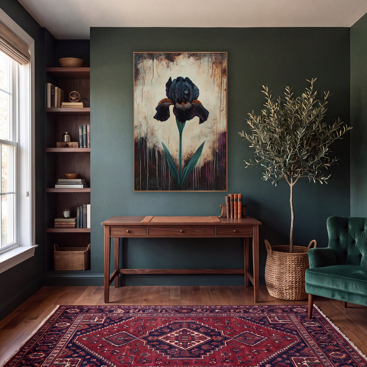 Plum Drip Iris Aubergine Moody wall art in a moody dark academia room – single black iris with orange-striped petals