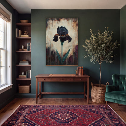 Plum Drip Iris Aubergine Moody wall art in a moody dark academia room – single black iris with orange-striped petals