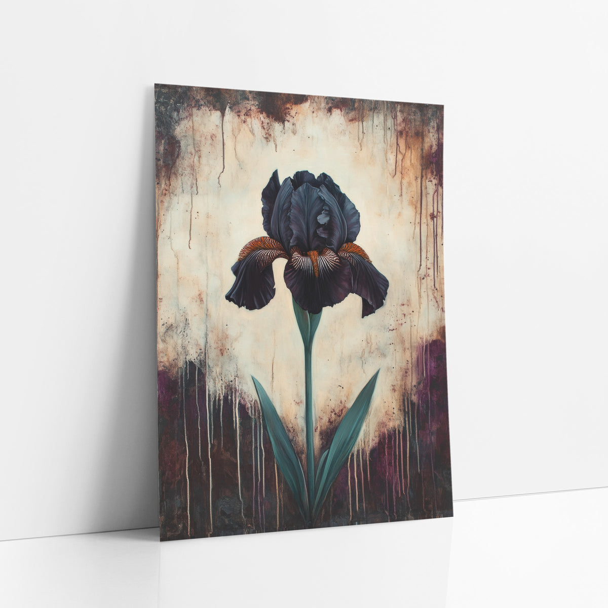 Plum Drip Iris Aubergine Moody art print leaning against a white wall – single black iris with orange-striped petals