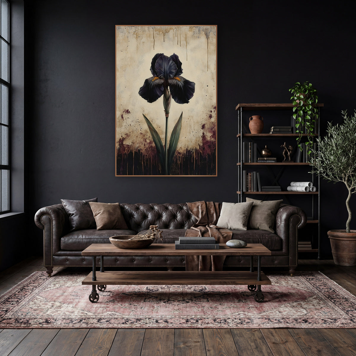 Dusk Iris Aged Ivory Vintage wall art in a moody dark academia room – single dark purple iris on a green stem