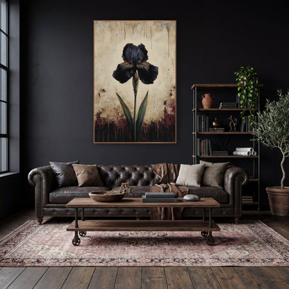 Dusk Iris Aged Ivory Vintage wall art in a moody dark academia room – single dark purple iris on a green stem