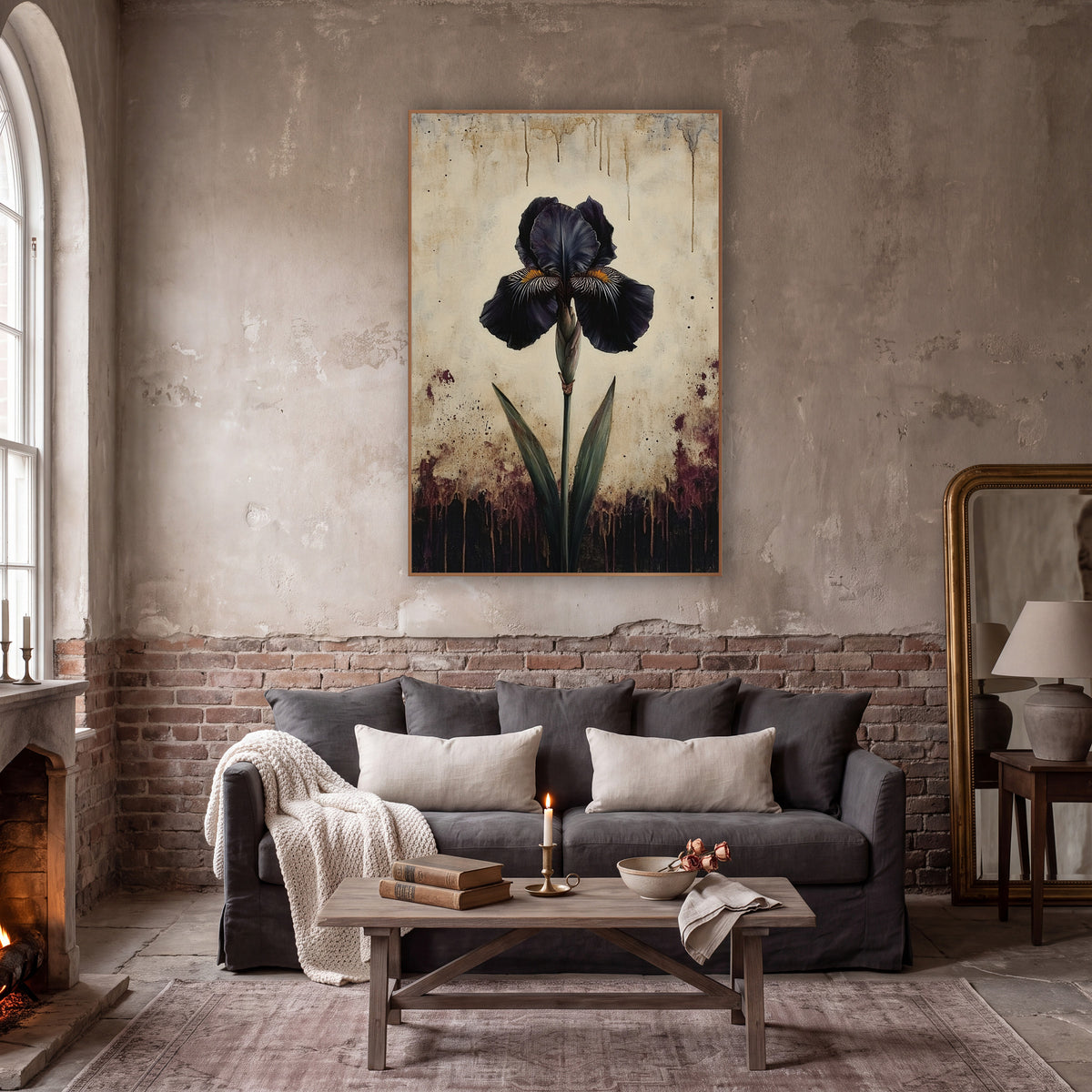 Dusk Iris Aged Ivory Vintage wall art in a moody dark academia room – single dark purple iris on a green stem