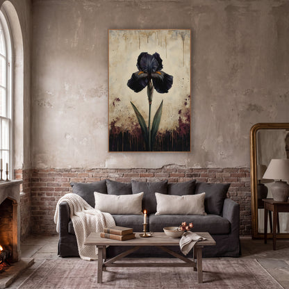 Dusk Iris Aged Ivory Vintage wall art in a moody dark academia room – single dark purple iris on a green stem