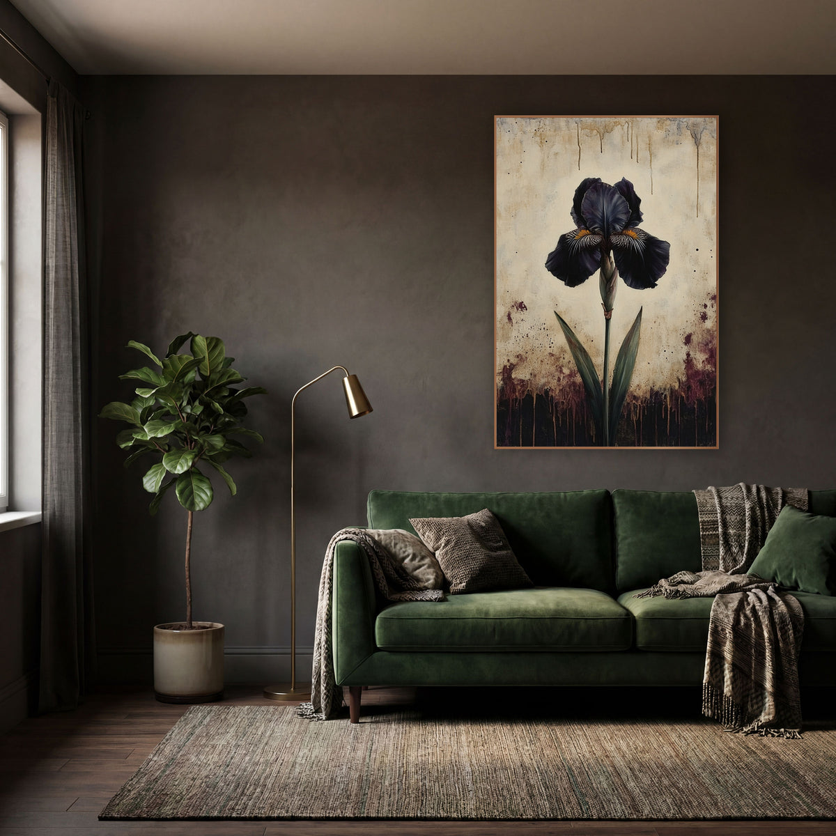 Dusk Iris Aged Ivory Vintage wall art in a moody dark academia room – single dark purple iris on a green stem