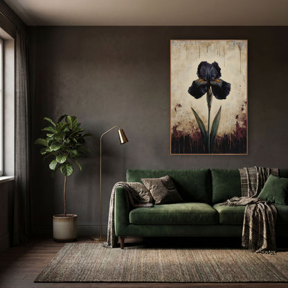 Dusk Iris Aged Ivory Vintage wall art in a moody dark academia room – single dark purple iris on a green stem